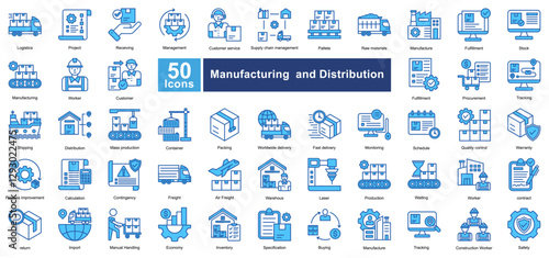 Manufacturing and Distribution icon set in Blue Color style, covering logistics, supply chain, production, and shipping. Perfect for industry, warehouses, and business operations.