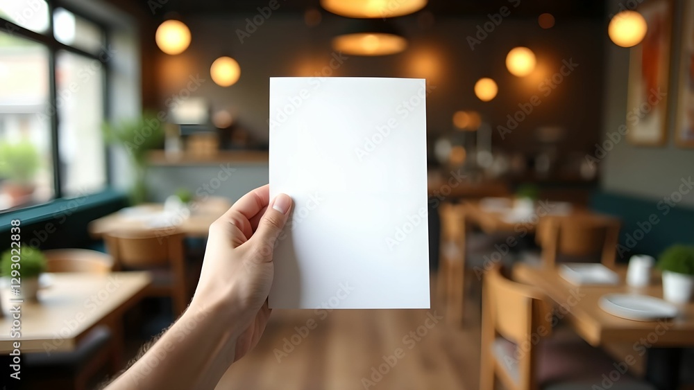 Blank white sheet of paper in hand in cozy cafe with warm lighting Blank white sheet of paper in hand in cozy cafe with warm lighting