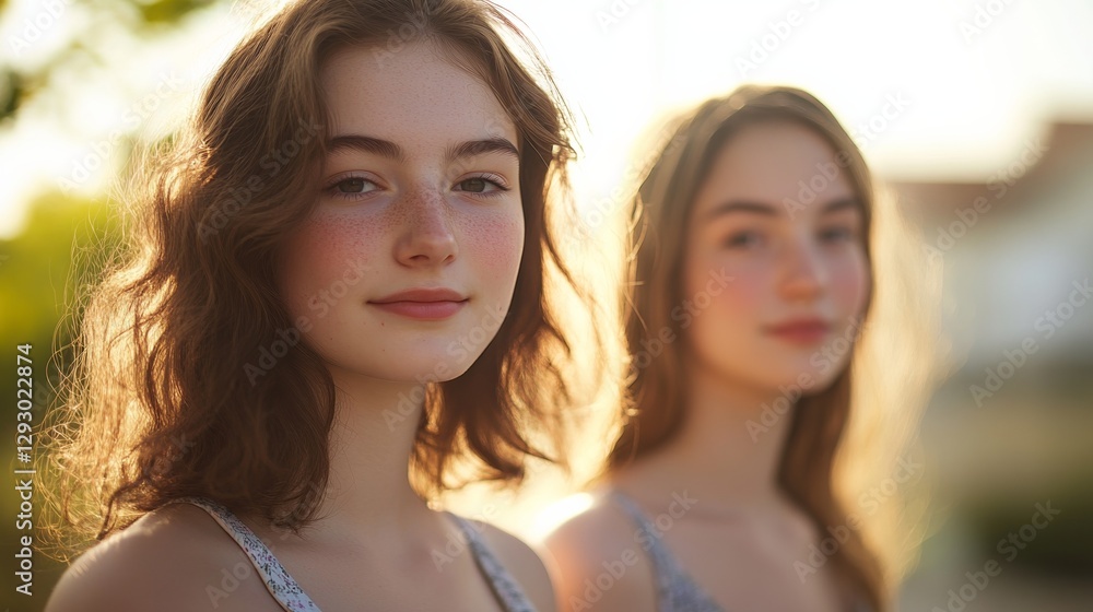 Two women in summer dresses, soft light, vibrant backdrop, radiating warmth and connection. Two women in summer dresses, soft light, vibrant backdrop, radiating warmth and connection.