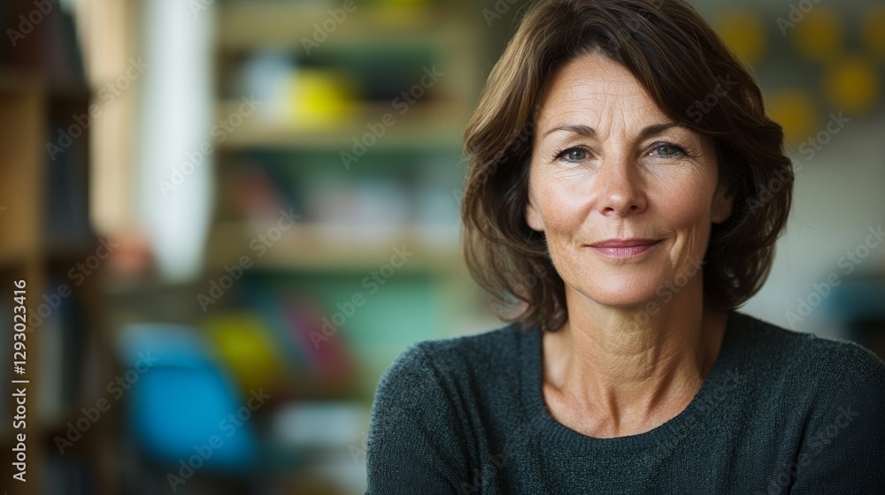 Warm and kind teacher portrait, soft light, blurred classroom background Warm and kind teacher portrait, soft light, blurred classroom background