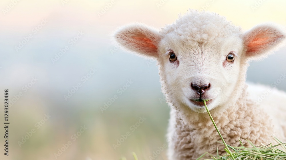 Fototapeta premium Cute Lamb Eating Grass Outdoors, Peaceful Scene