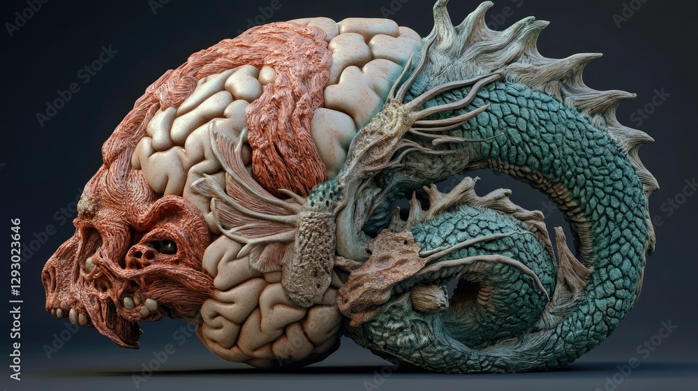 Fototapeta premium A highly detailed 3D brain, half organic and half dragon-like, with intricate nature-inspired textures and mystical lighting.