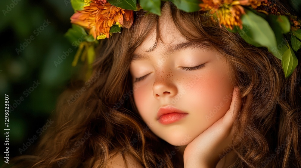 A serene portrait of a young girl with flowing hair and a floral crown, eyes closed in tranquility, This image can be used for themes of innocence, beauty, nature, and childhood in marketing A serene portrait of a young girl with flowing hair and a floral crown, eyes closed in tranquility, This image can be used for themes of innocence, beauty, nature, and childhood in marketing