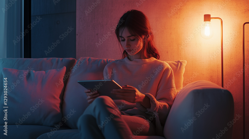 Photorealistic Woman Using Tablet in Modern Living Room with Lightbulb Icon
Photorealistic Woman Using Tablet in Modern Living Room with Lightbulb Icon