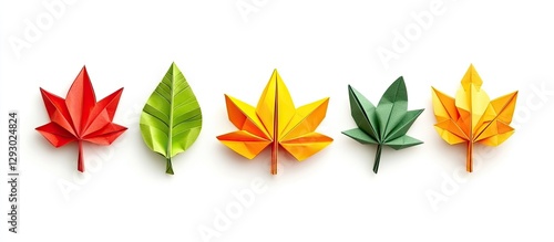 Wallpaper Mural Colorful origami leaves in red, yellow, green, and light green arranged in a line on a clean white background promoting autumn vibes. Torontodigital.ca