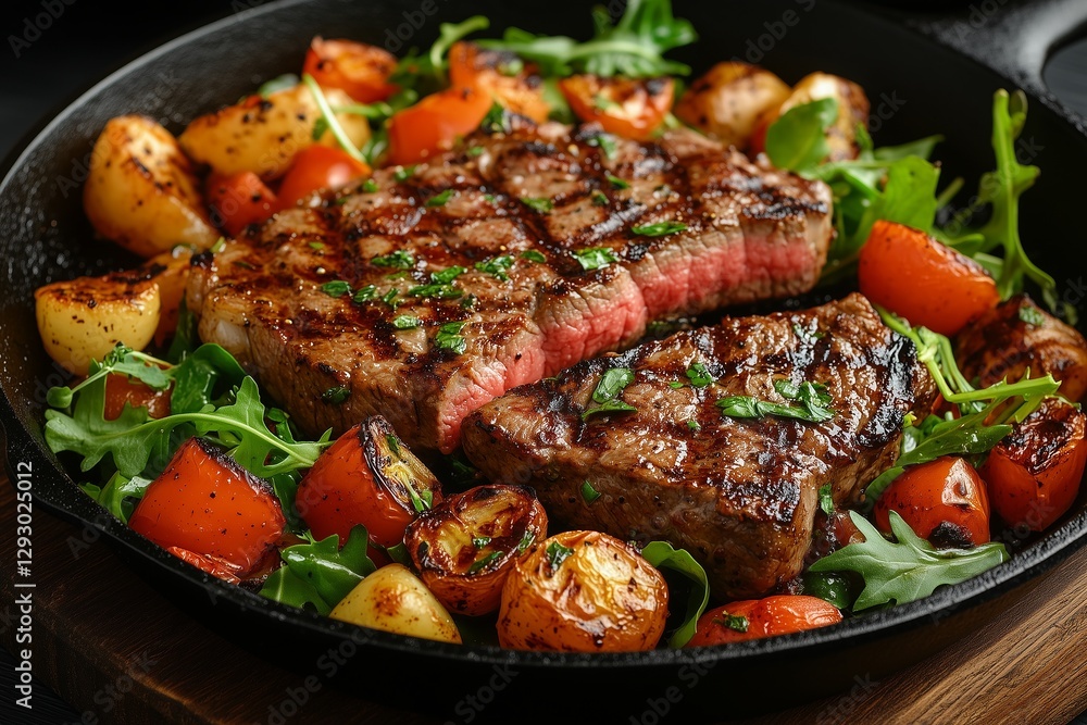 Sizzling Grilled Steak with Roasted Potatoes and Cherry Tomatoes in Cast Iron Skillet Sizzling Grilled Steak with Roasted Potatoes and Cherry Tomatoes in Cast Iron Skillet