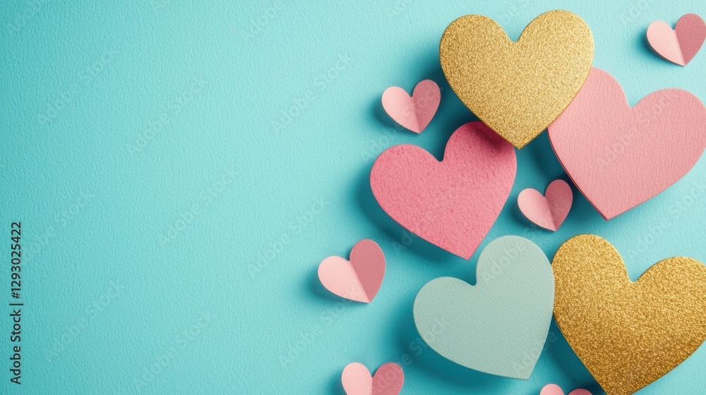 Obraz premium Heart-shaped decorations in pink, gold, and light blue arranged on a blue background.