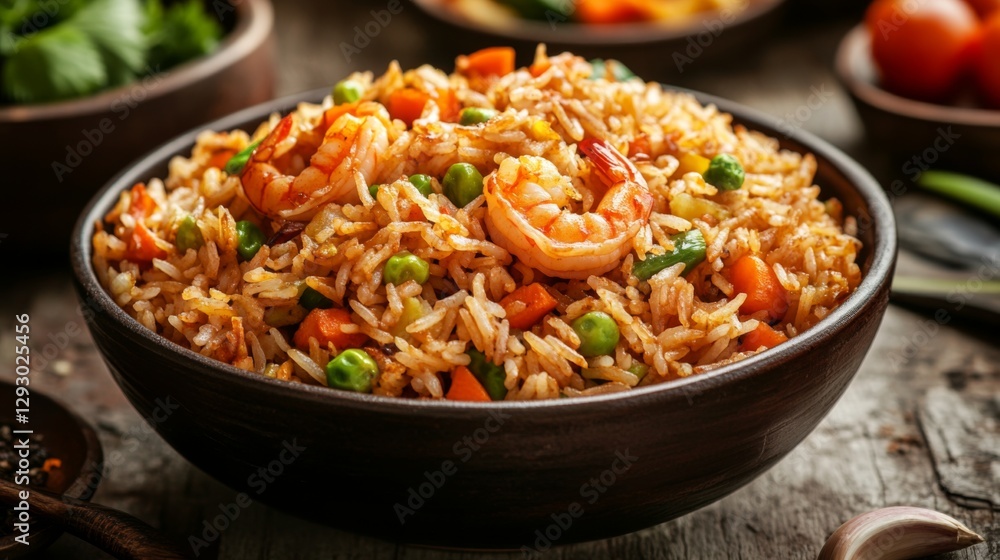 A comforting image of fried rice served in a traditional bowl, with crispy shrimp and vegetables mixed in, evoking a sense of home-cooked goodness. A comforting image of fried rice served in a traditional bowl, with crispy shrimp and vegetables mixed in, evoking a sense of home-cooked goodness.