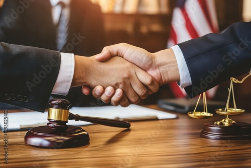 Wallpaper Mural Businesspeople shaking hands over a gavel and scales of justice on a wooden desk. Blurred background with a person and a flag. Concept of legal agreement Torontodigital.ca