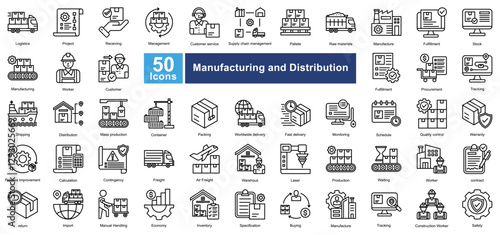 Manufacturing and Distribution icon set in Line style, covering logistics, supply chain, production, and shipping. Perfect for industry, warehouses, and business operations.