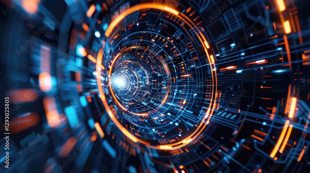 Fototapeta premium Explore a stunning futuristic abstract background featuring glowing circular patterns, vibrant light trails, and a dynamic depth that enhances visual appeal.