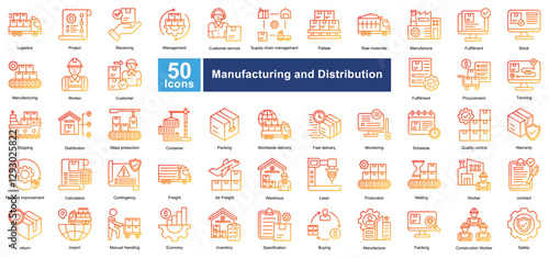 Manufacturing and Distribution icon set in Line Gradient style, covering logistics, supply chain, production, and shipping. Perfect for industry, warehouses, and business operations.