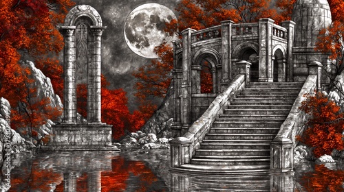 Stone Ruins and Castle Steps Under a Full Moon at Night