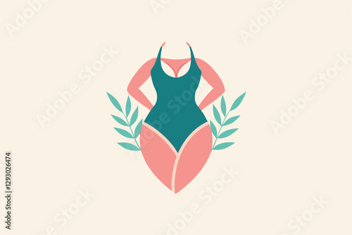 Stylized representation of a swimsuit with green leaves, reflecting a minimalist approach to swimwear branding, Create a logo for a minimalist swimwear brand that celebrates body positivity