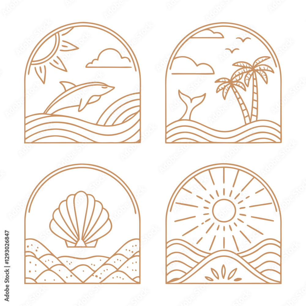 Naklejka premium Bohemian Linear Logos and Icons with Ocean, Beach, and Surfing Elements