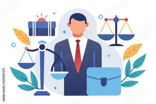 Trustworthy lawyer in a minimalist design showcasing justice and balance with legal symbols, Create a minimalist design that portrays trust and professionalism for a legal consulting firm