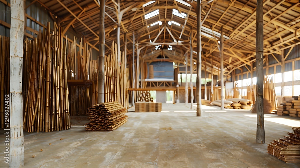 Spacious bamboo warehouse interior showcasing neatly stacked materials and wooden structure Spacious bamboo warehouse interior showcasing neatly stacked materials and wooden structure