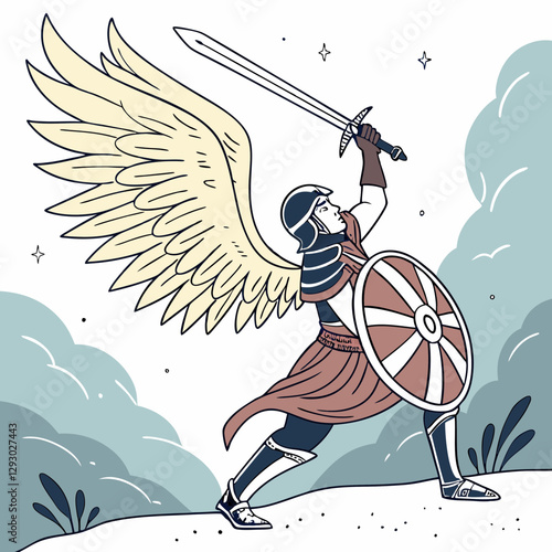 Warrior angel with a sword and shield, ready for battle with majestic wings and heroic presence.