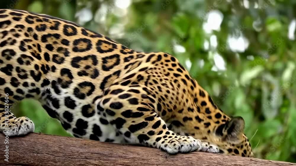 A powerful jaguar moves stealthily across a tree trunk in the dense jungle, its muscular body tense with alertness and grace. A powerful jaguar moves stealthily across a tree trunk in the dense jungle, its muscular body tense with alertness and grace.