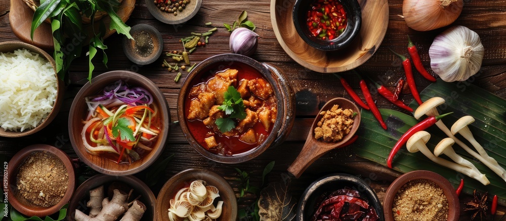Aromatic Indonesian seblak soup surrounded by fresh herbs, vegetables, and spices on a rustic wooden table, featuring earthy browns and vibrant reds. Aromatic Indonesian seblak soup surrounded by fresh herbs, vegetables, and spices on a rustic wooden table, featuring earthy browns and vibrant reds.