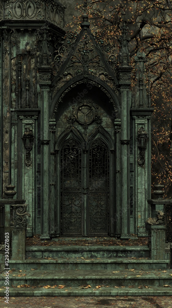 Dark Green Gothic Stone Doorway with Autumn Leaves Dark Green Gothic Stone Doorway with Autumn Leaves