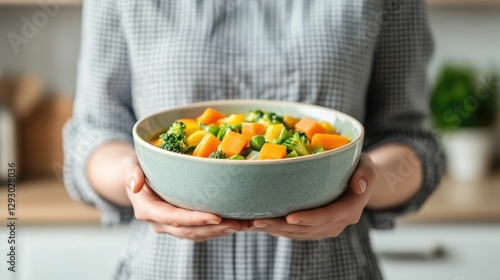 Woman Holding a Vibrant Bowl of Nutritious Vegetable Soup in a Cozy Minimal Kitchen Setting Reflecting Comfort Warmth and Wellness