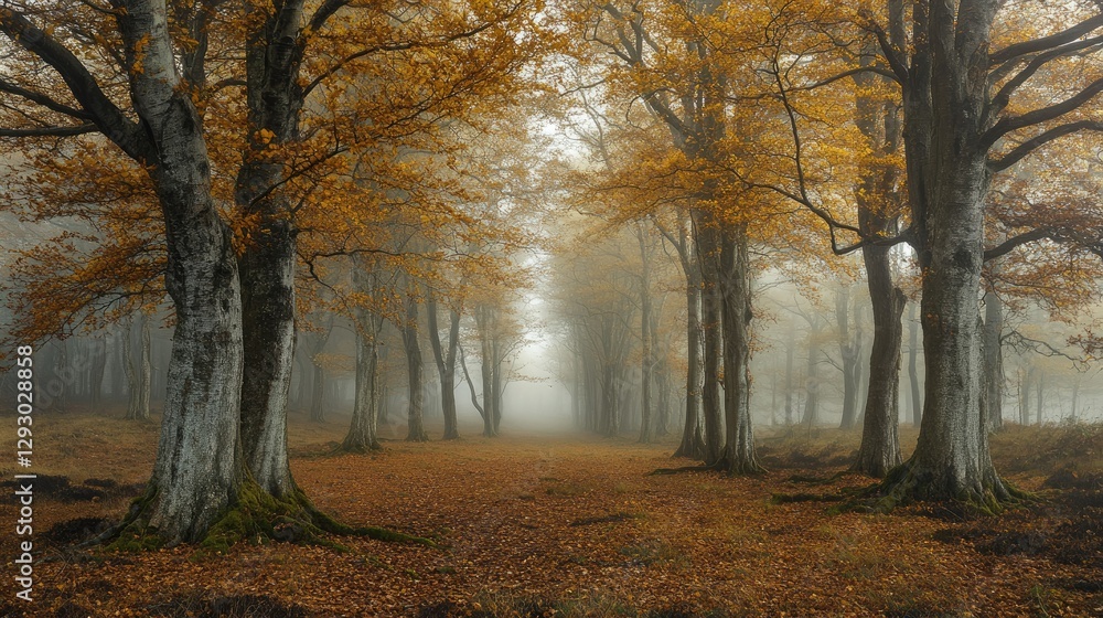 Fototapeta premium A mystical autumn woodland, dense fog creeping through golden trees.