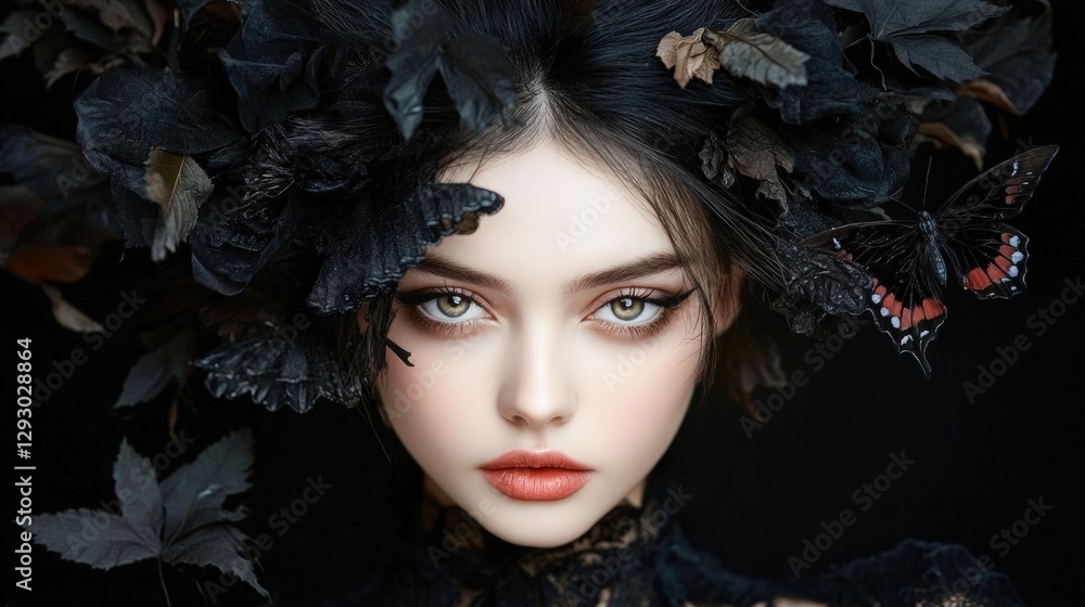 A captivating portrait featuring a woman adorned with dark foliage and butterflies, creating a mysterious and enchanting atmosphere, Ideal for fantasy themes, fashion, or beauty campaigns, A captivating portrait featuring a woman adorned with dark foliage and butterflies, creating a mysterious and enchanting atmosphere, Ideal for fantasy themes, fashion, or beauty campaigns,