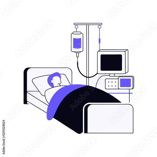 A vector illustration of a hospital patient lying in a bed with IV drip and medical monitors, symbolizing intensive care, recovery, healthcare, and medical treatment.