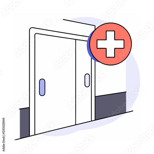 A vector illustration of a hospital entrance with sliding doors and a medical cross symbol, representing healthcare, emergency rooms, clinics, and medical facilities.