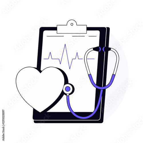 A vector illustration of a medical clipboard with a heart, stethoscope, and ECG line, symbolizing healthcare, heart health, diagnosis, and medical records.