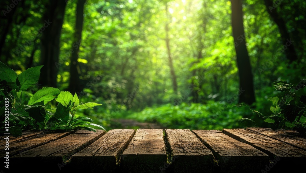 Wooden table in a sunlit forest Wooden table in a sunlit forest