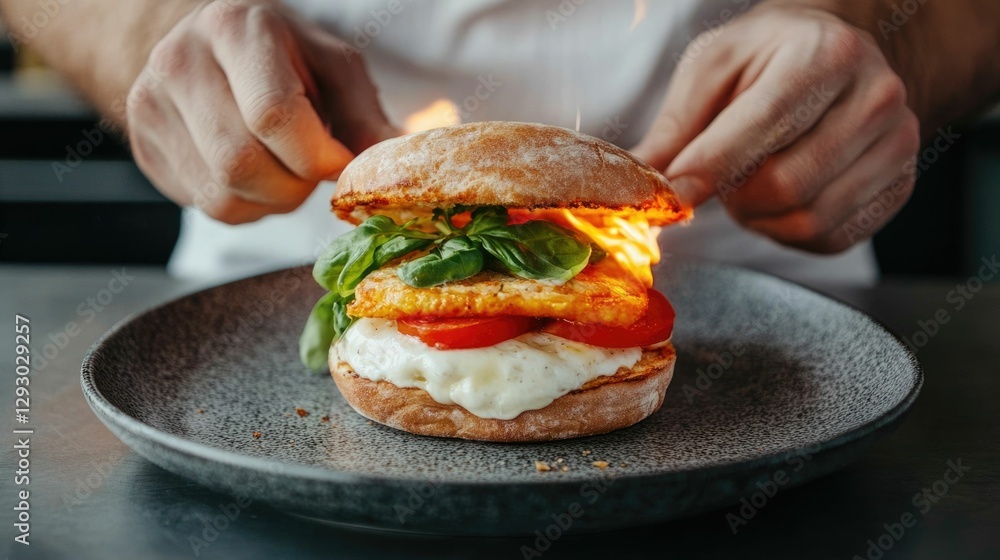 Close up image of a professional chef or food stylist s hands carefully assembling a nutrient rich breakfast sandwich with fresh ingredients like cheese tomatoes and greens on a sleek Close up image of a professional chef or food stylist s hands carefully assembling a nutrient rich breakfast sandwich with fresh ingredients like cheese tomatoes and greens on a sleek