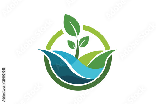 Minimalist logo with a green plant and blue waves for a sustainable nonprofit, Create a minimalist logo for a non-profit organization focused on environmental conservation