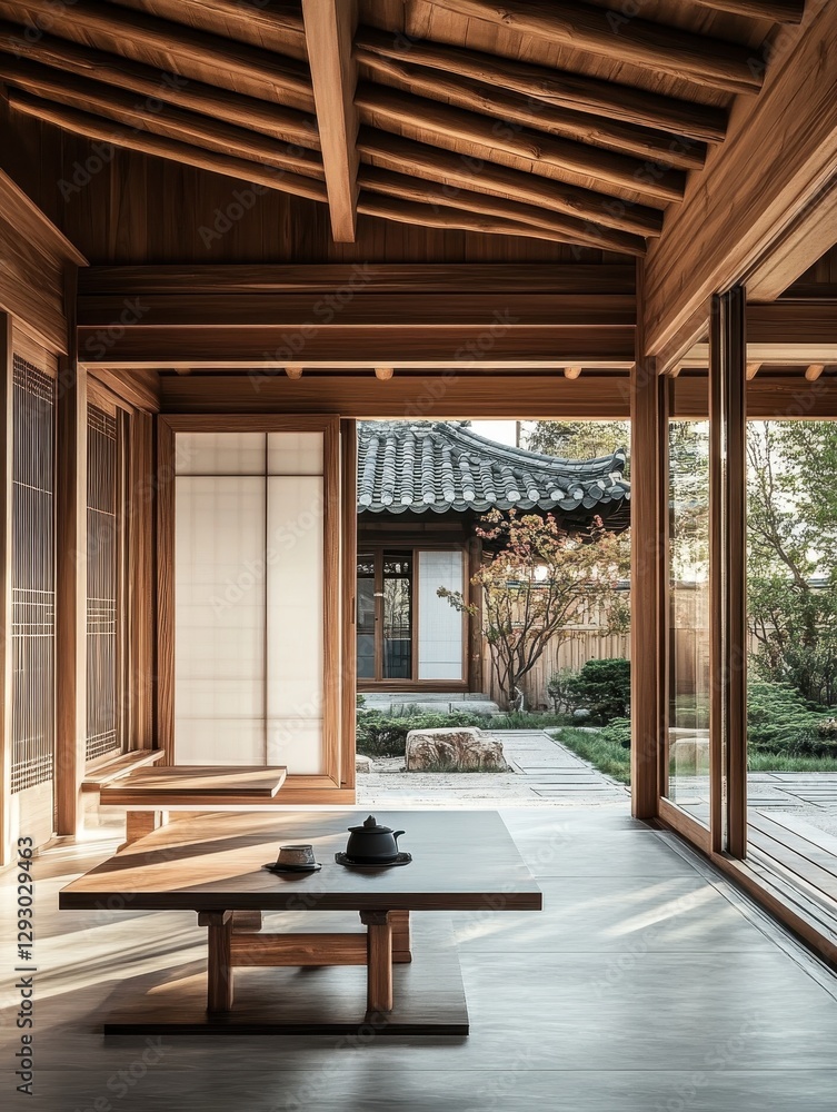Fototapeta premium A beautiful Asian tea room displays a beautiful view of the gardens