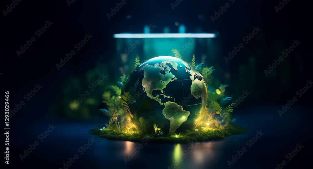 Obraz premium Luminous globe showing continents is encircled by vibrant green plants and bright lights, set against a dark backdrop with a faint blue light.