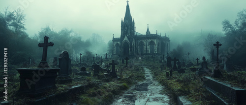 Wallpaper Mural mysterious cemetery with fog, gravestones, and eerie church Torontodigital.ca