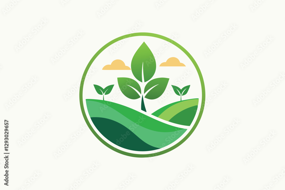 This logo features vibrant green leaves and gentle hills, symbolizing sustainability and eco-consciousness, Create a minimalist logo for a sustainable, eco-friendly brand This logo features vibrant green leaves and gentle hills, symbolizing sustainability and eco-consciousness, Create a minimalist logo for a sustainable, eco-friendly brand