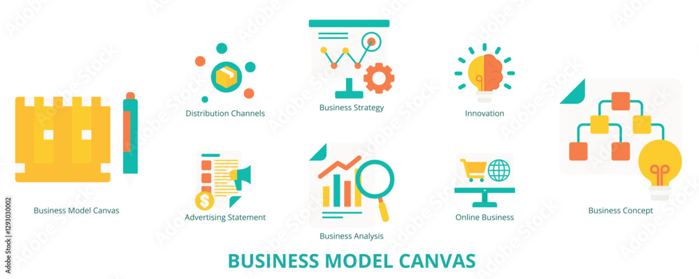 Business Model Canvas Flat Banner Web Icon Set Vector Illustration, Distribution Channels Business Model Canvas Strategy Innovation Analysis Concept Advertising Statement Online Business Model Canvas Flat Banner Web Icon Set Vector Illustration, Distribution Channels Business Model Canvas Strategy Innovation Analysis Concept Advertising Statement Online