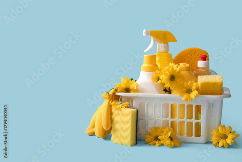Basket with set of cleaning supplies and spring flowers on blue background
