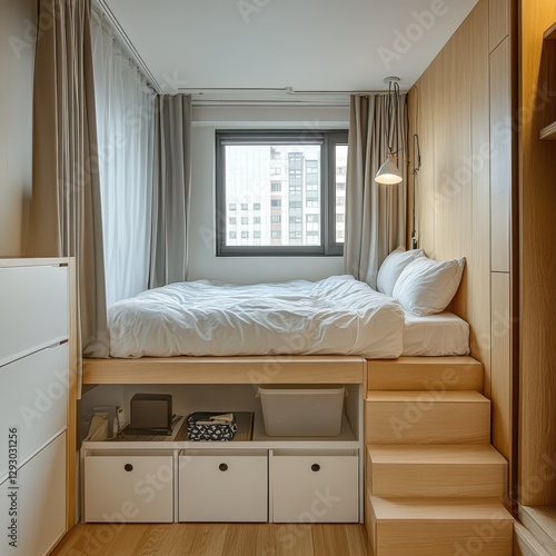 A small minimalist bedroom with bed and storage space photo