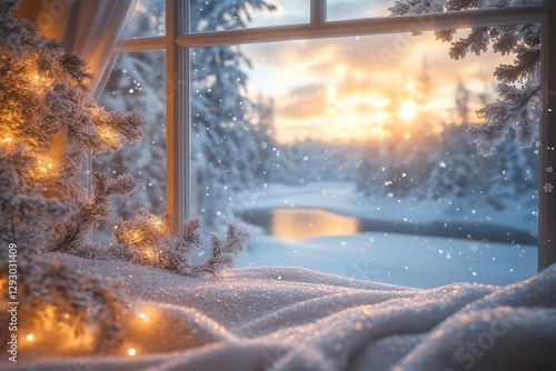 Snowy winter window view with Christmas lights, sunrise over a frozen river
