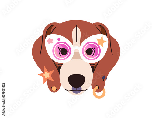 Avatar of fashion dog in stylish sunglasses. Portrait of happy puppy in trendy glasses. Cute muzzle of beagle with eyeglasses, jewelry. Funny face of pup. Flat isolated vector illustration on white