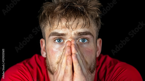 Sweaty man, worried expression, dark background, close-up portrait, ideal for stress, anxiety, or sports themes