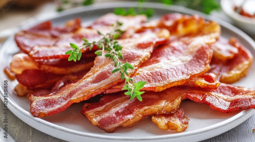 A plate of bacon strips arranged neatly, garnished with fresh herbs, set on a bright, cheerful breakfast table with soft morning light. A plate of bacon strips arranged neatly, garnished with fresh herbs, set on a bright, cheerful breakfast table with soft morning light.