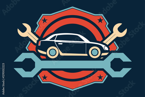 A sleek graphic displays a car centered with crossed tools against a vibrant background, Create a simple yet stylish graphic for an automotive maintenance company