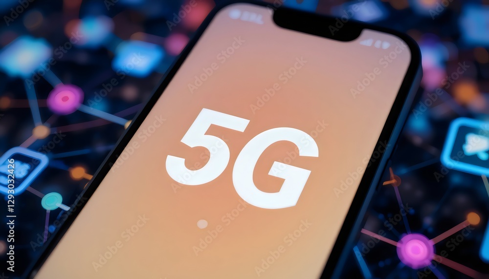 Close-up of a smartphone displaying '5G' on the screen, with a futuristic digital network background representing high-speed connectivity and technology mobile phone on a blue background Close-up of a smartphone displaying '5G' on the screen, with a futuristic digital network background representing high-speed connectivity and technology mobile phone on a blue background