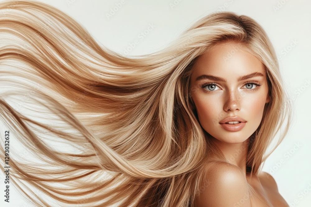 Wave. Beautiful model with long smooth, flying blonde hair on white studio background. Young Caucasian model with well-kept skin and hair blowing on air. Concept of salon care, beauty, fashion Wave. Beautiful model with long smooth, flying blonde hair on white studio background. Young Caucasian model with well-kept skin and hair blowing on air. Concept of salon care, beauty, fashion