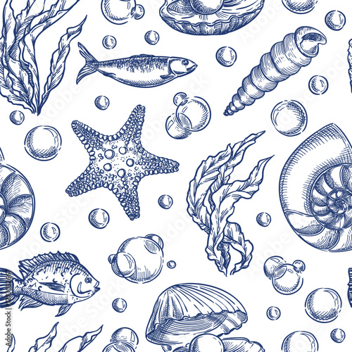 Underwater sea life seamless pattern with fishes, seashells, seaweeds. Vector hand drawn sketch ocean illustration