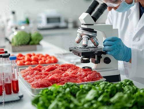 Microscopic analysis of fresh meat and vegetables in a laboratory setting food safety research clean environment photo